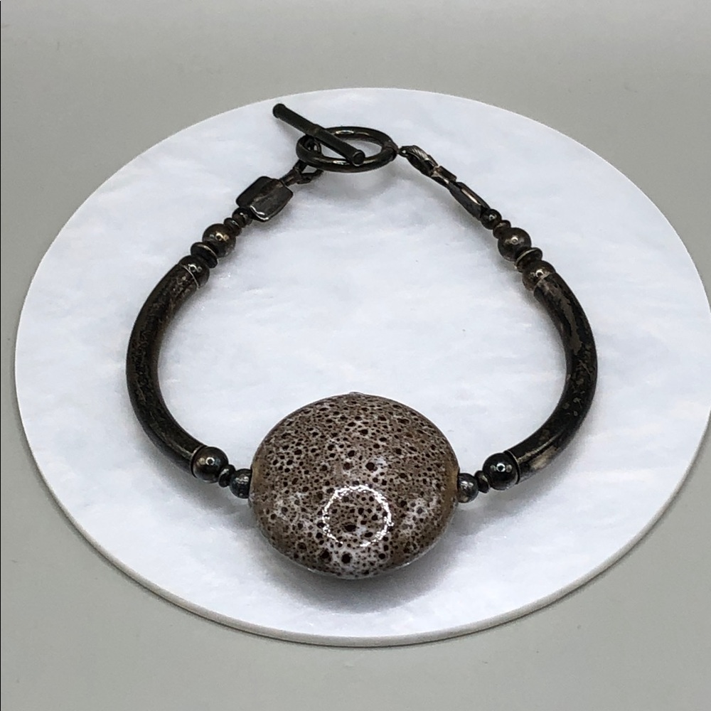 Artisan sterling silver 925 bracelet ceramic center piece boho rustic UNISEX
